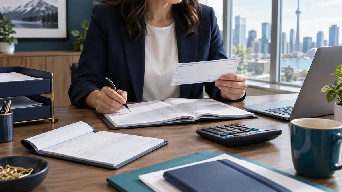 Canadian business owner reviewing business cheques and accounting records