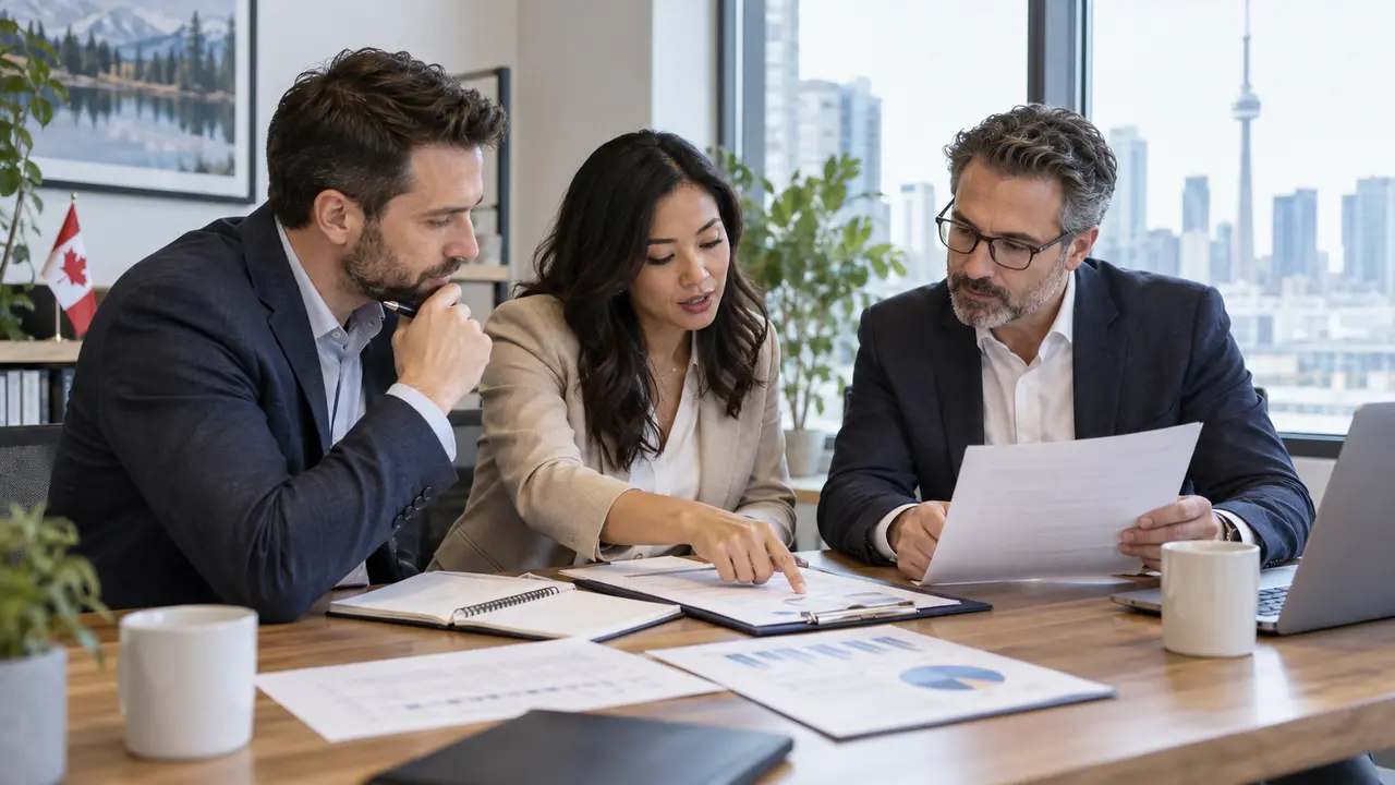 Canadian entrepreneurs reviewing a business acquisition