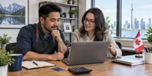 Canadian small business owner comparing business bank accounts with an adviser