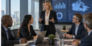 Chief business officer leading a strategic executive meeting in Canada