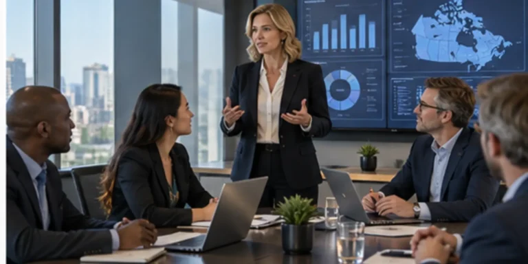 Chief business officer leading a strategic executive meeting in Canada