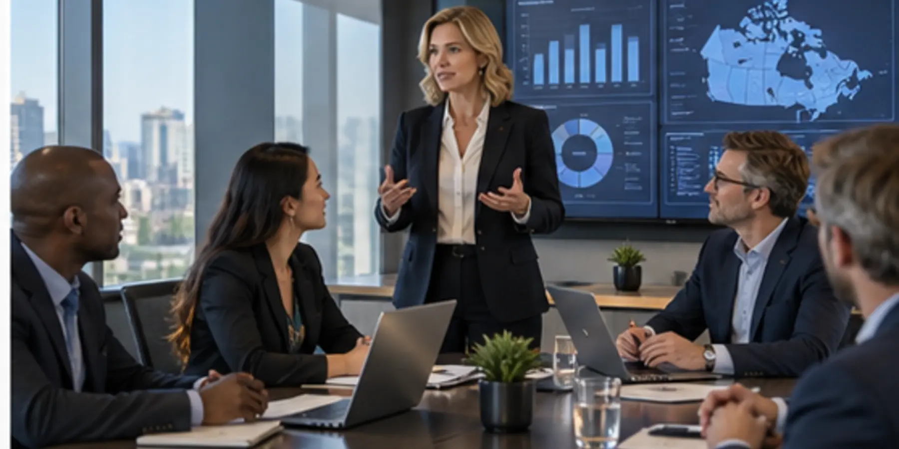 Chief business officer leading a strategic executive meeting in Canada